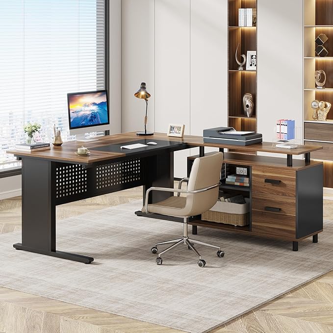 LITTLE TREE Large Computer Desk with File Cabinet, 63 Inch L Shaped Executive Office Desk with Drawers and Storage Shelves, Business Furniture Workstation for Home Office
