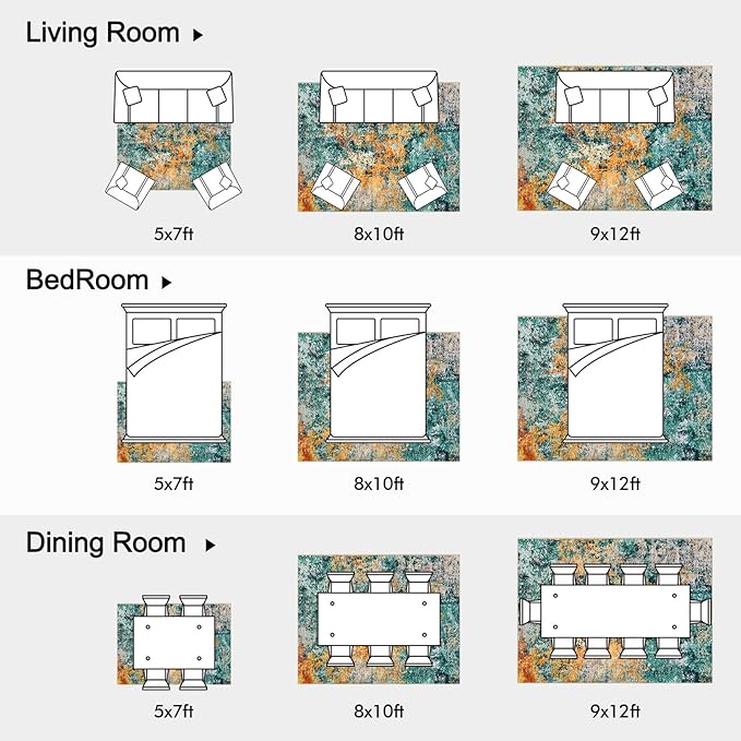 9x12 Area Rug for Living Room - Washable Rugs Modern Abstract Neutral Soft Rug for Bedroom Dining Room No Slip Low Pile Carpet for Nursery Home Office - Teal/Orange