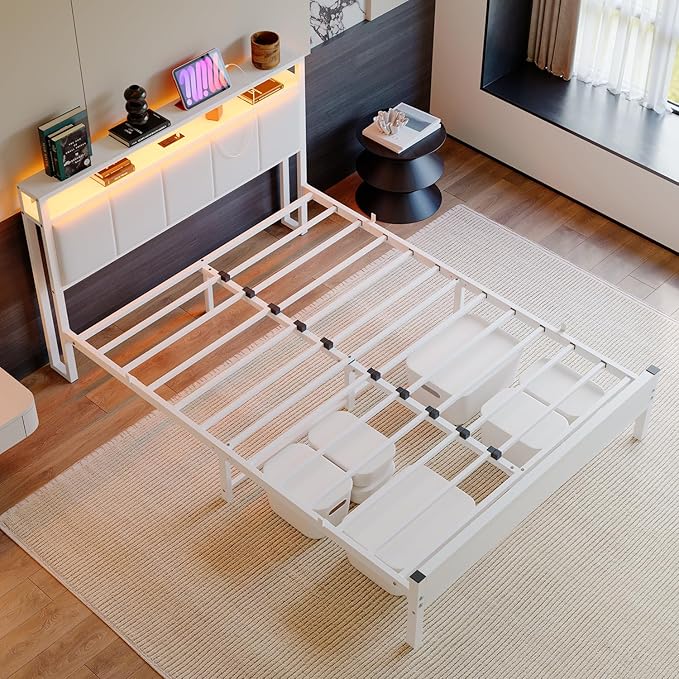 Queen Bed Frame with Headboard Storage,Upholstered Platform Bed Frame Queen Size with Charging Station and LED Lights No Box Spring Needed,Heavy Duty Steel Slats,Noise Free,White