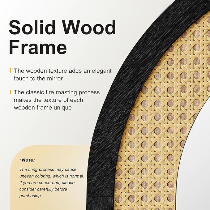 Arched Full Length Mirror with Solid Wood Frame & Rattan Panel, 64"x21" Rustic Wall Mounted Floor Mirror - Free Standing, Leaning Against Wall, Wall-Mounted for Bedroom Living Room (Black)