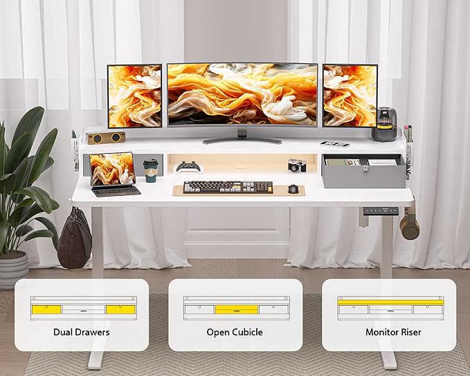 55x24 Inches Electric Standing Desk with 2 Drawers, Height Adjustable Stand up Desk for Home Office, Ergonomic Sit to Stand Table with Storage Shelf, DIY Board, Hooks, White