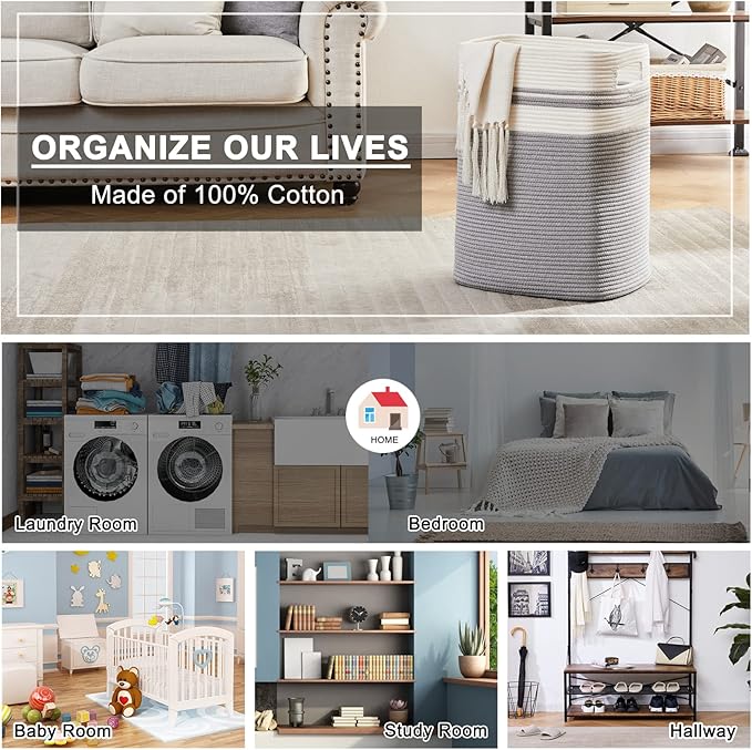 OIAHOMY Laundry Hamper, Tall Cotton Decorative Blanket Storage Basket with Handles for Living room,Collapsible Large Baskets for Toys,Pillows,Clothes Organizer-16x13x22in-Gray