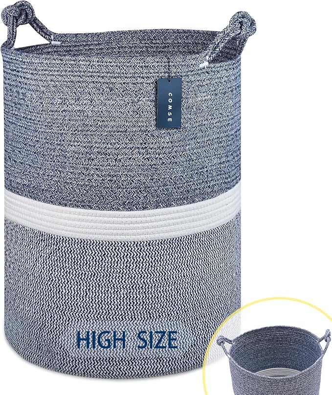 COMSE Extra Large Blanket Basket, Tall Woven Storage Basket, Nursery Hamper, 15.7”x 21.7”, Cotton Rope Laundry Hamper for Toys Clothes Towels, Blend Navy Blue/White
