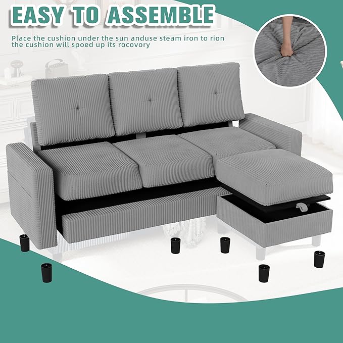 SUNLEI Convertible Sectional Sofa for Small Spaces, L Shaped Modular Sofa with Reversible Chaise & Ottoman Storage, 3 Seat Modern Small Couches for Living Room in Apartment, Linen Fabric, Light Grey