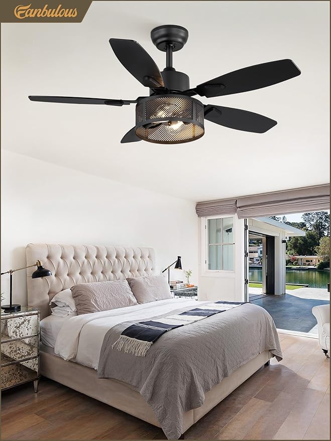 Farmhouse Ceiling Fans with Lights and Remote, 42 Inch Industrial Black Caged Ceiling Fans for Living Room Bedroom Kitchen, 6 Speed Reversible Quiet DC Motor, Dual Finish 5 Blades