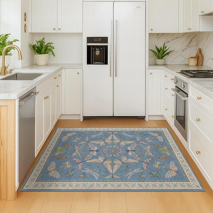 Washable Blue Rugs for Bedroom Bedside - 3x4 Area Rug for Large Kitchen, Entrance Indoor, Boho Insect Print Bug Décor, Non Slip Low Pile Fade Resistant