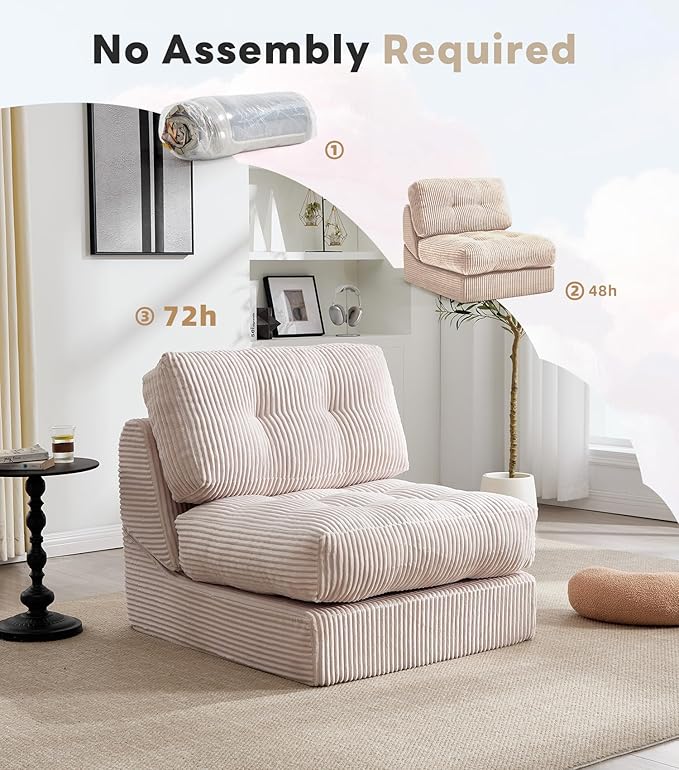 Tbfit 35.8'' Folding Sofa Bed, Convertible Sleeper Chair with Large Pillow, Corduroy Folding Couch Bed, Portable & Foldable Mattress Boneless Floor Sofa Set of 2, Khaki