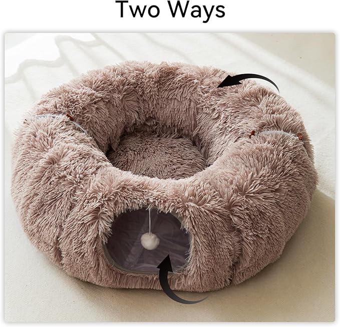 HIPIPET Winter Plush Cat Tunnel with Bed for Small Medium Large Cats, Multifunctional Cat Toys (Light Brown)