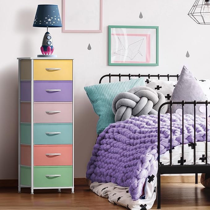 Sorbus Fabric Dresser for Kids Bedroom - Chest of 6 Drawers, Tall Storage Tower, Clothing Organizer, for Closet, for Playroom, for Nursery, Steel Frame, Fabric Bins - Wood Handle (Multi-Pastel)