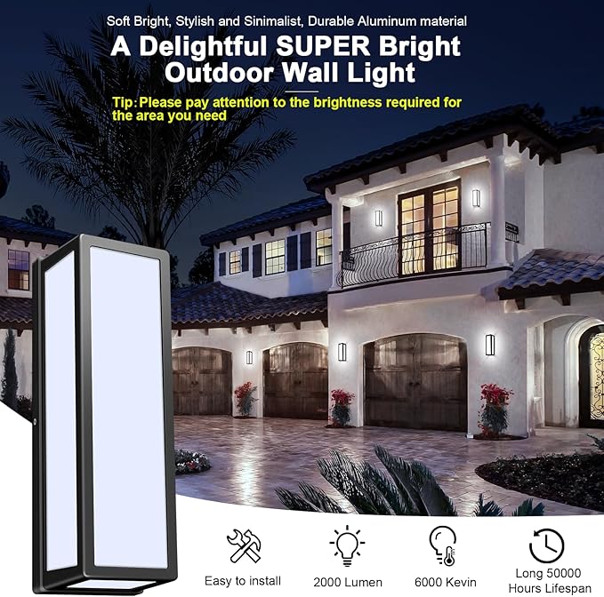 30Watt Modern Outdoor Wall Lights, 2000 Lumen Waterproof Exterior Porch Light, 6000K Daylight Anti-Rust Wall Mount Outdoor Wall Lighting for House, Front Porch, Garage