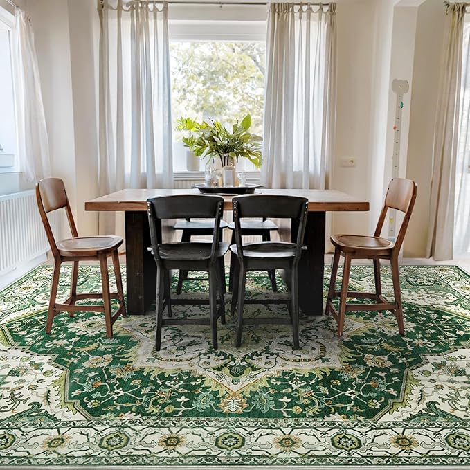 Area Rugs for Living Room 9x12 - Large Machine Washable Vintage Oriental Soft Rug, Low Pile Thin Carpet with Non Slip Backing for Bedroom, Dorm, Under Dining Room Table, Indoor House, Office Decor