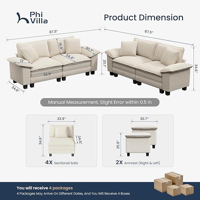 PHI VILLA Cloud Modular Couches Sets, 2 Pieces Sectional Loveseat Sofa Set, 4-Seater Comfy Couch for Living Room, Corduroy Fabric, Beige