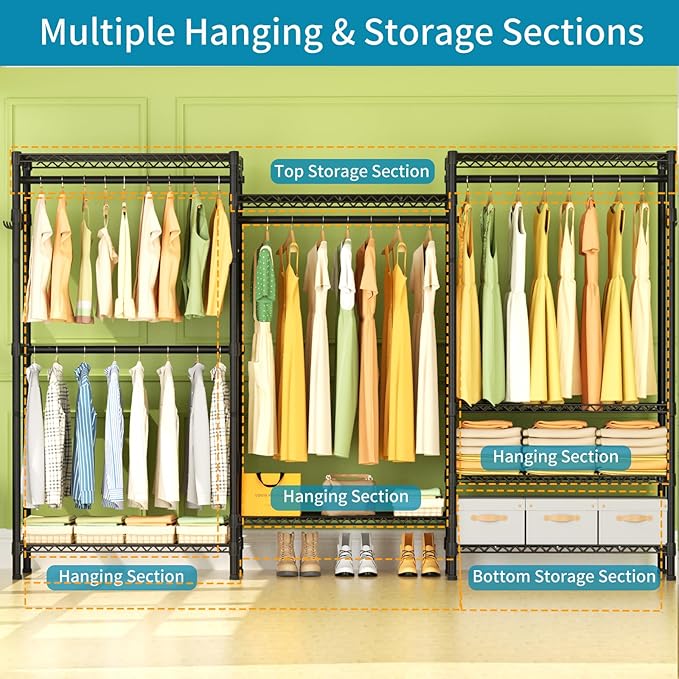 Heavy Duty Garment Rack Clothes Rack,Large Metal Closet Organizer System Storage Wardrobe,Freestanding Clothing Rack with 8 Adjustable Wire Shelves&4 Hang Rods,MaxLoad 800lbs