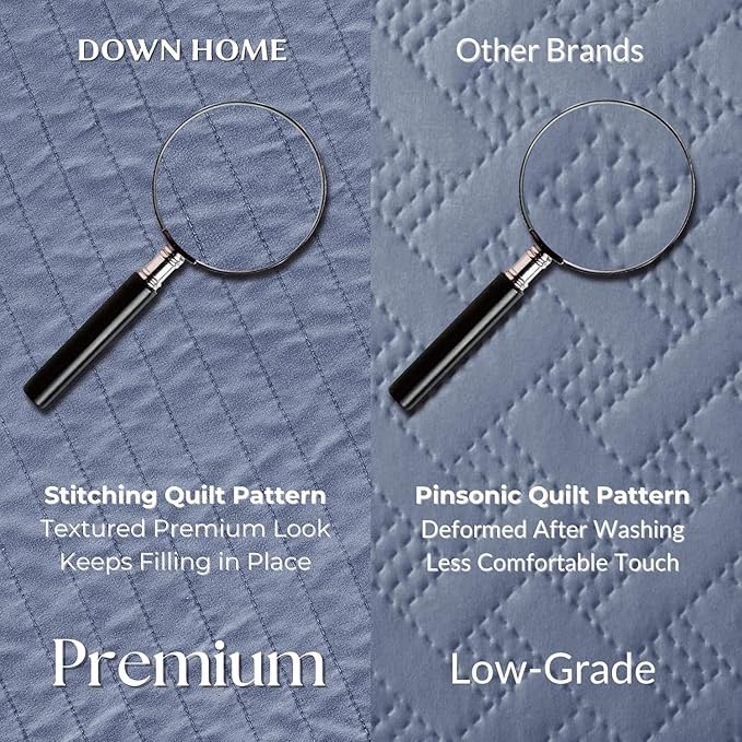 DOWN HOME King Quilt Bedding Set with Shams, Vintage Washed Soft Quilted Blanket Thin Comforter Lightweight Bedspread Coverlet Bed Cover, Brushed Microfiber Stripe Stitching, Vintage Denim, 104"x90"