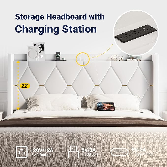 Allewie Velvet King Size Upholstered Bed Frame with Wingback Storage Headboard & Charging Station, Platform Bed with Diamond Tufted Design & Gold Trim, No Box Spring Needed, Easy Assembly, White