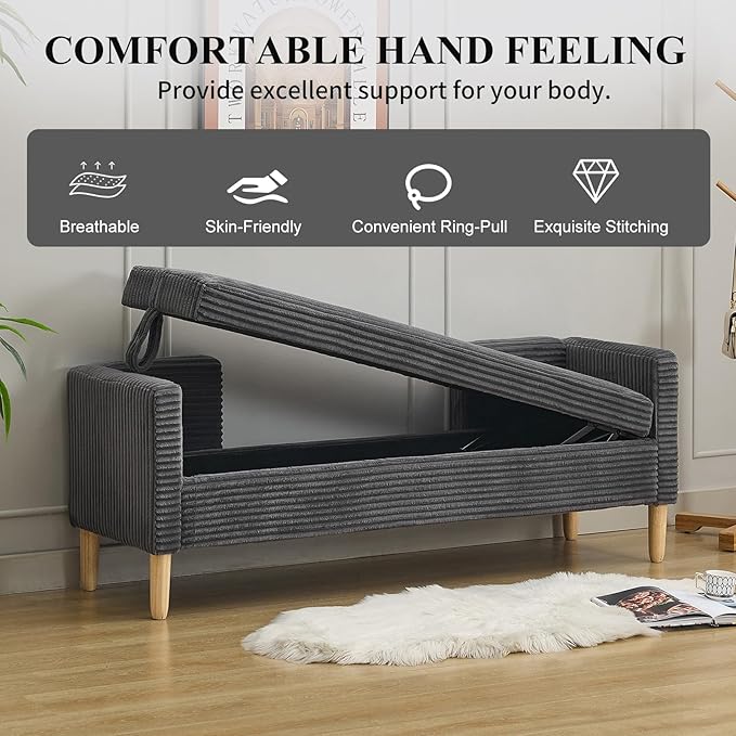 NIOIIKIT 65" Large Storage Ottoman Bench with 2 Pillows, Corduroy Upholstered Entryway Bench with Wood Leg, End of Bed Bench with Straight Armrest, Window Bench for Bedroom, Entryway (Dark Grey)