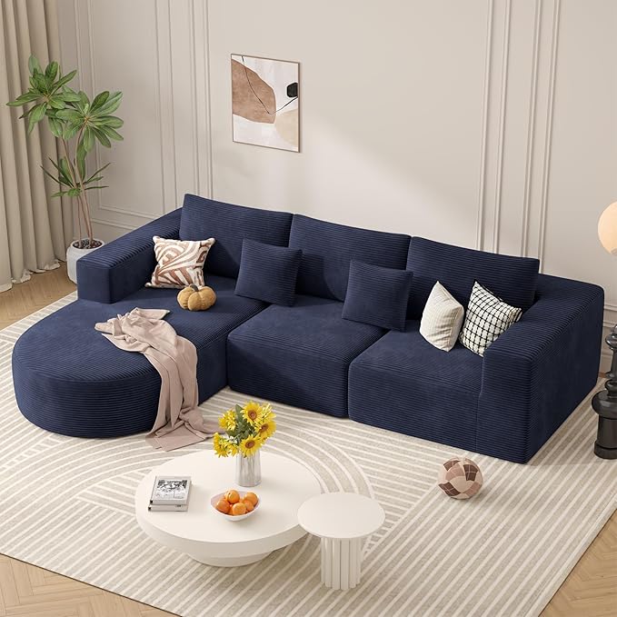 Modular Sectional Sofa with L-Shape Chaise,Cloud Sectional Modern Sleeper Couch with Deep Seat,Sponge Compression Sofas No Assembly Required (Blue-Corduroy Fabric) 1PCS