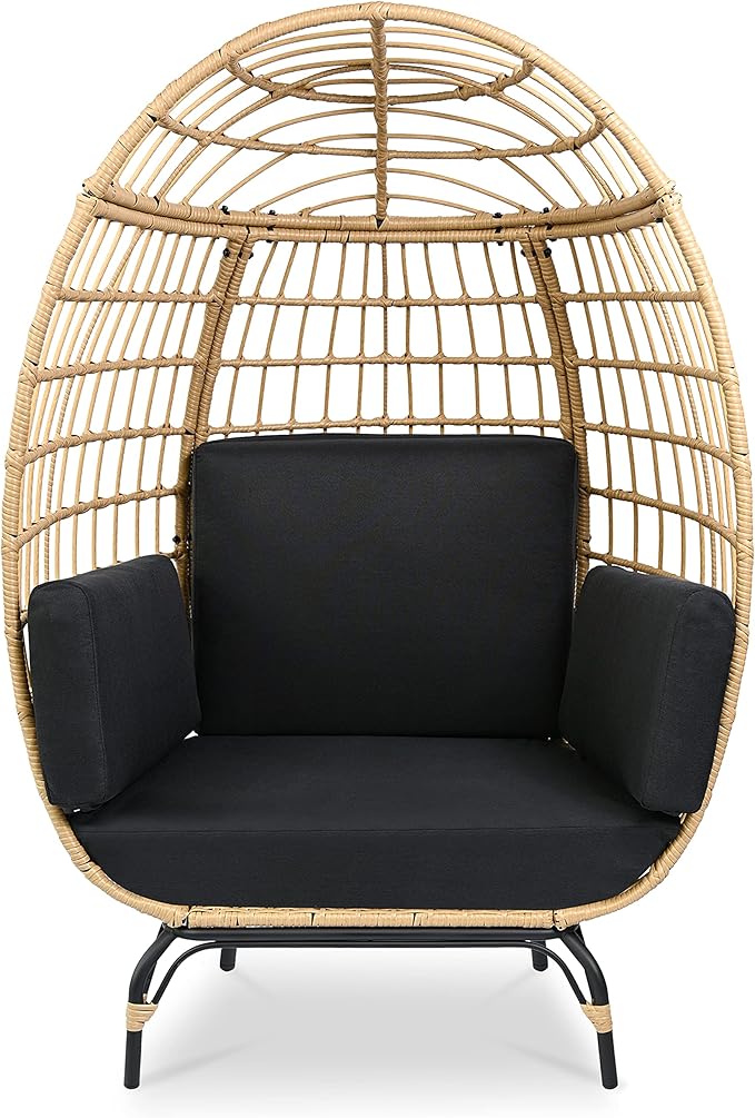 SereneLife Jovial Wicker Rattan Egg Chair,Indoor Outdoor Black Sofa Chair for Patio Backyard and Living Room with 4 Cushions and Powder Coated Steel Frame,Woven Texture Contemporary Ribbed Back Design