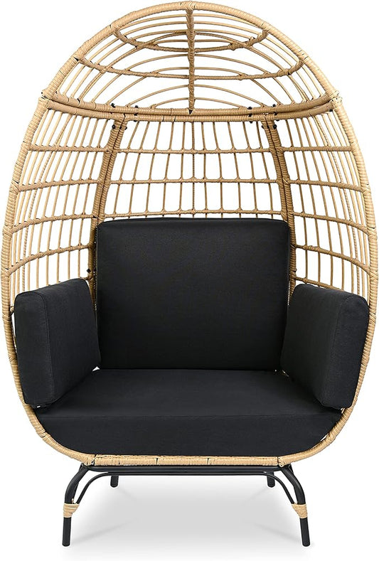 SereneLife Jovial Wicker Rattan Egg Chair,Indoor Outdoor Black Sofa Chair for Patio Backyard and Living Room with 4 Cushions and Powder Coated Steel Frame,Woven Texture Contemporary Ribbed Back Design