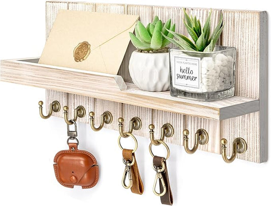 Rebee Vision Farmhouse Key Holder Wall Mount with Mail Organizer - Rustic Key and Mail Holder for Wall with Shelf and 7 Key Hooks - Wooden Apartment Essentials for Room Decor Aesthetic (Natural Wood)