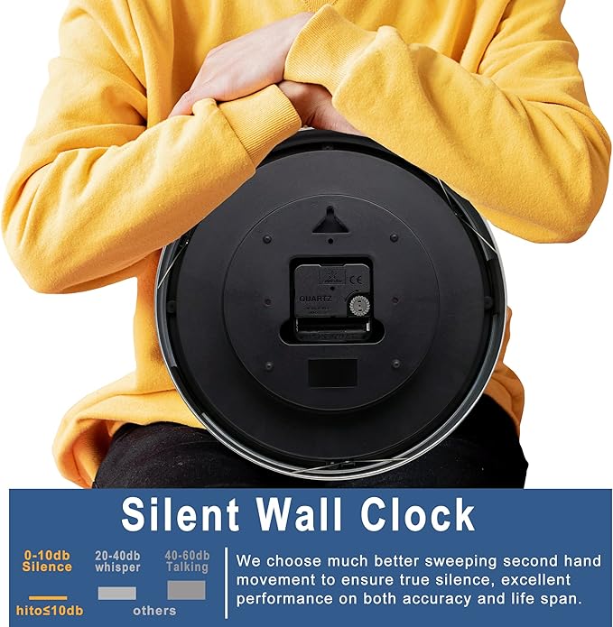 HITO 10 Inch Silent Wall Clock Battery Operated Non Ticking Glass Cover Silver Aluminum Frame, for Kitchen, Bedroom, Home Office, Living Room Decor (Black)