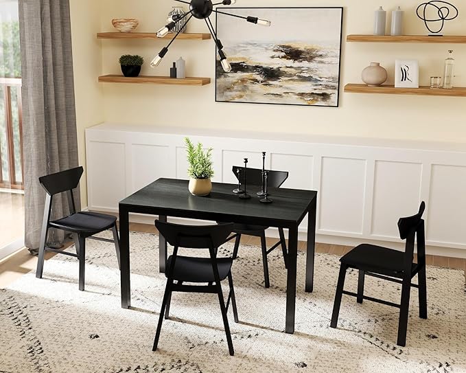VESCASA Black Wood Dining Table with 4 Black Solid Wood Legs, 47.25" L Dinner Table for Dining Room, Kitchen, Restaurant