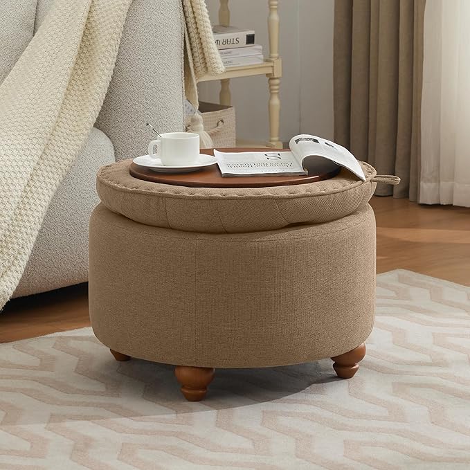 24Inch Round Storage Ottoman with Tray, Modern Tufted Fabric Circle Coffee Table with Storage, Upholstered Ottoman with Removable Top for Living Room, Bedroom, Brown