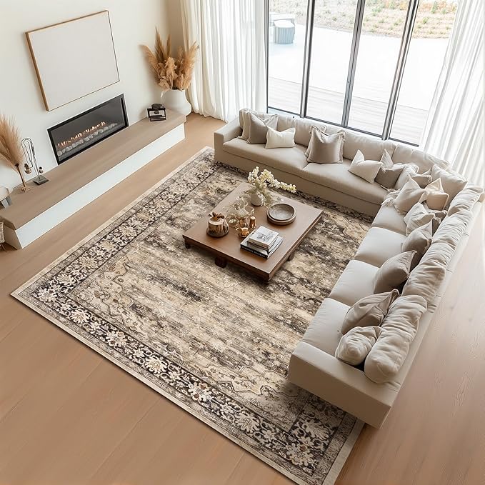 9x12 Large Rugs for Living Room Washable Boho Farmhouse Area Rugs Soft Faux Fur Low Pile Non Slip Stain Resistant Vintage Euro Floral Carpet Rug for Bedroom Dining Room Family Room,Hazel Brown