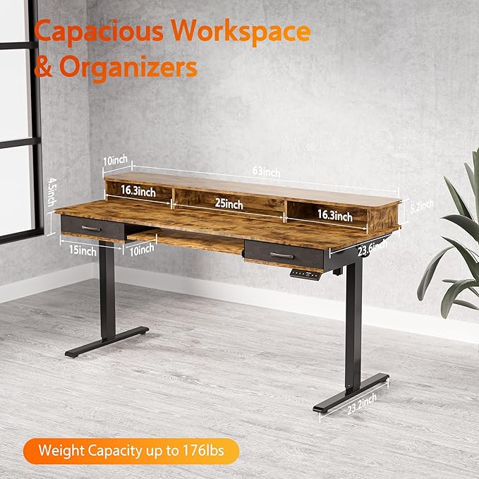 63x24 Inches Electric Standing Desk with Keyboard Tray, Height Adjustable Stand up Desk with 2 Drawers, Ergonomic Sit to Stand Desk with Storage Monitor Stand, Computer Table, Rustic Brown