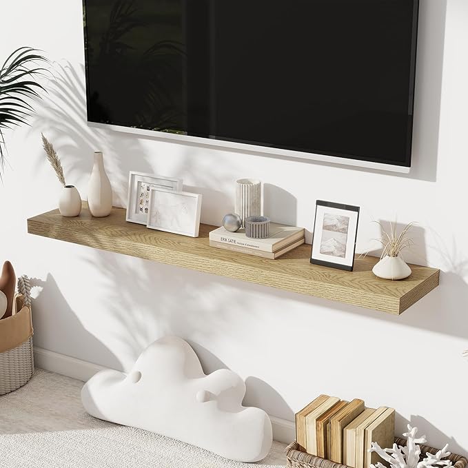 Fun Memories 48 Inch Floating Shelves for Wall 8 Inch Deep Oak Shelves Set of 2, Wall Mounted Rustic Wood Long Floating Shelf, Large Display & Storage Shelf with Invisible Brackets