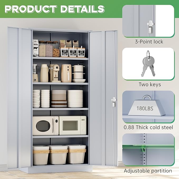 INTERGREAT Metal Storage Cabinet,72" Steel Lockable File Cabinet with Locking Doors and Adjustable Shelves,Locking Tool Cabinets for Office,Home,Garage,Gym,School (Cement Grey)