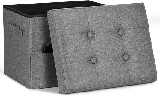 Storage Ottoman. Foot Rest Stool with Thicker Foam Padded Seat. Linen Footstool Storage Bench, 350 lbs Folding Bench Small Ottoman for Living Room, Bedroom, Coffee Table. 17x13x13in, Dark Gray
