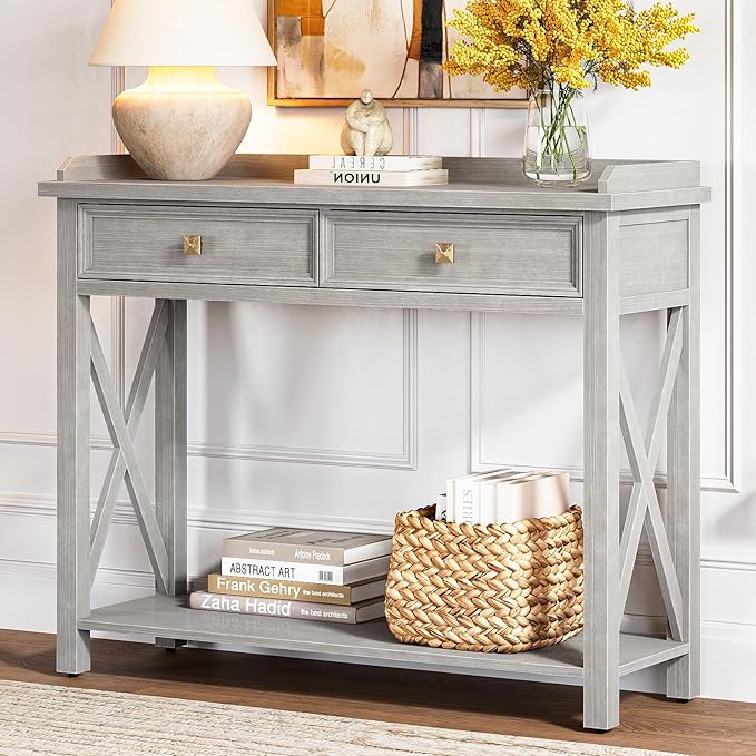 40" Console Table with Drawers, Entryway Table with Charging Station, Mid Century Console Table with Bottom Shelf, Wood Accent Sofa Table for Living Room, Hallway, Foyer, Drawers Pre-Assembled, Grey