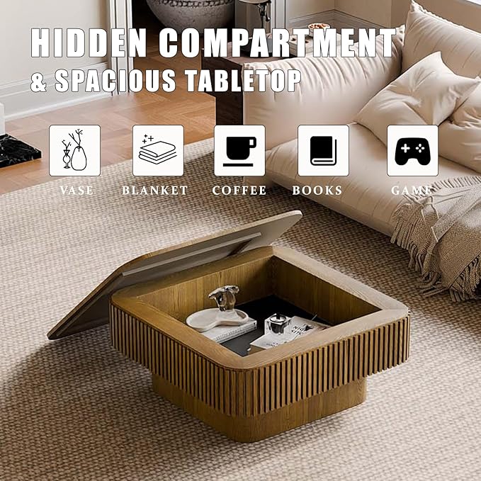 31.5'' Small Square Coffee Table with Storage, Fluted Coffee Table with Solid Wood Veneered, Mid Century Modern Wooden Center Table, Accent Tea Table for Small Space Living Room Apartment, Brown