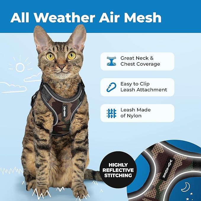 Voyager Escape Proof Cat Harness and Leash Set with Reflective Stitching, Neoprene Handle 5ft - Supports Small, Medium and Large Cats, Kittens for Walking by Best Pet Supplies - Army, XXXS