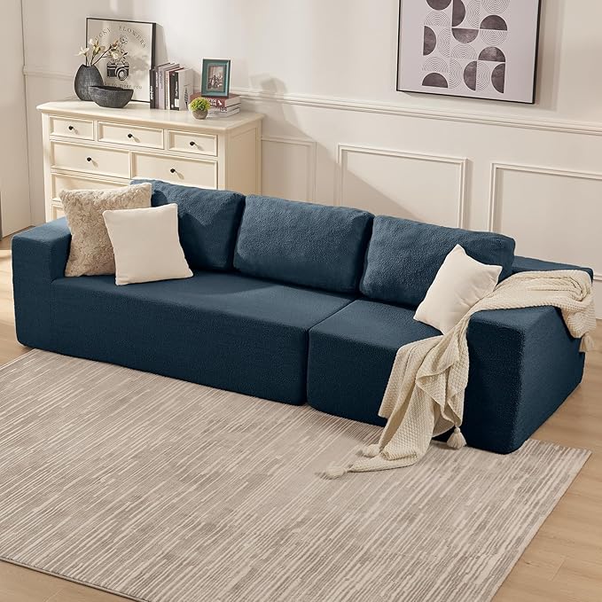 106" 3-Seater Sofa, Cloud Modular Sofa with Certified Foam, Upholstered Floor Sofa with Deep Seat, Upholstered Sofa for Bedroom Living Room, No Assembly Required (Teddy Boucle, Blue)