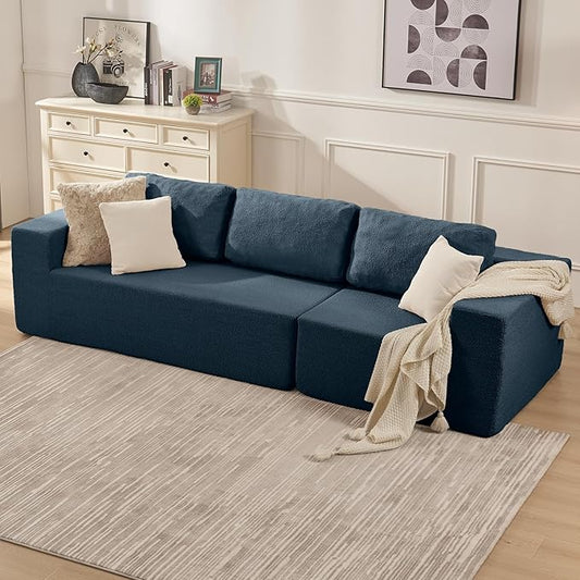 106" 3-Seater Sofa, Cloud Modular Sofa with Certified Foam, Upholstered Floor Sofa with Deep Seat, Upholstered Sofa for Bedroom Living Room, No Assembly Required (Teddy Boucle, Blue)