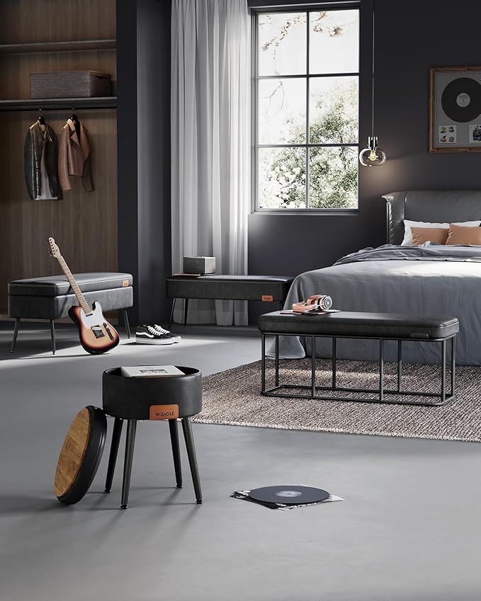 VASAGLE EKHO Collection - Storage Bench for Entryway, Ottoman Bench with Steel Frame, 43.3-Inch Wide, Synthetic Leather, Living Dining Room, Mid-Century Modern, Loads 660 lb, Ink Black ULOM085B01