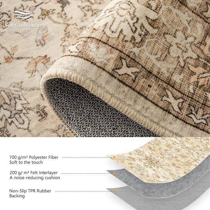 8x10 Area Rugs for Large Living Room Washable Low Pile Non Slip Stain Resistant Euro Floral Distressed Big Boho Carpet Rug Ultra-Thin for Bedroom Dining Room Farmhouse Family Room,Natural Beige