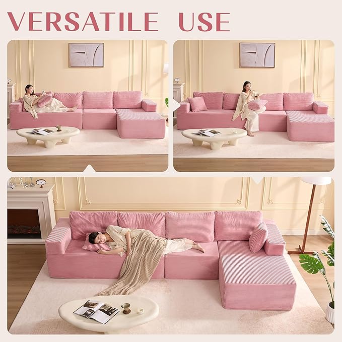 138" Boneless Couch with Deep Seat, Modular Sectional Sofa, Cloud Sectional Couch for Living Room, No Assembly Required, Corduroy, 4 Seater L-Shape Right, Pink