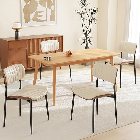 Modern PU Leather Dining Room Chairs Set of 4, Upholstered Kitchen Chairs with Curved Wood Backrest and Metal Legs Adjustable Feet for Kitchen Dining Room(Beige)