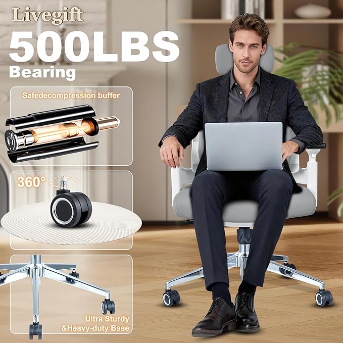 Ergonomic Office Chair Desk Chair Dual-backrest Computer Chair with Flexible Lumbar Support and Adjustable Height, 500lbs Extra Wide Seat with Wheels, for Home & Office Use Grey