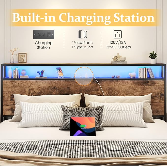 Lifezone King Bed Frame with 2-Tier Storage Headboard, Metal Platform Bed Frame with 4 Storage Drawers, Built in Charging Station & LED, Noise-Free/Metal Support/No Box Spring Needed, Vintage Brown