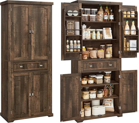 VASAGLE Pantry Cabinet, 15.7 x 30 x 71.7 Inches, Freestanding Tall Cupboard Storage Cabinet with a Drawer, 2 Cabinets, 6 Adjustable Shelves, for Living Room, Kitchen, Deep Brown UBBK561K01