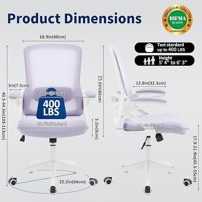 Ergonomic Office Chair, Desk Chair with Adjustable Lumbar Support, Breathable Mesh Comfy Computer Chairs with Flip-up Armrests Executive Task Chair for Adults Home Office(Lavender)