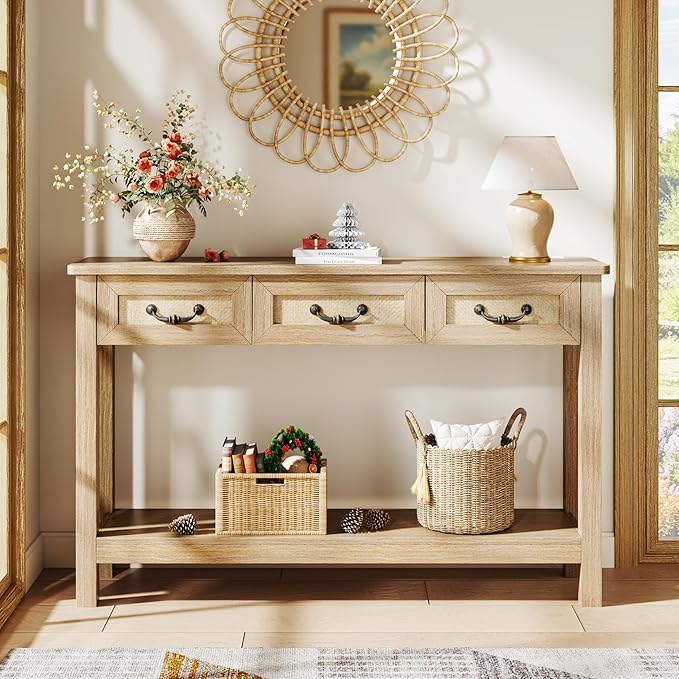 47.2" Console Table with 3 Rattan Drawers, Long Sofa Table with Storage Behind Couch, Modern Entryway Table with Power Outlet & Open Shelf for Entrance/Hallway/Foyer/Living Room, Natural