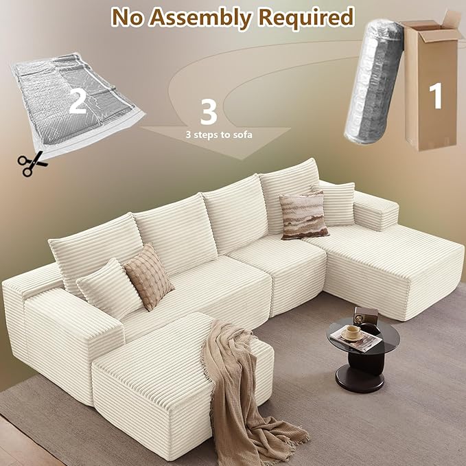 135" U-Shape Cloud Couch, Modern Modular Sectional Comfy L-Shape Sofa with Ottoman, Deep Seat, Upholstered Corduroy Sleeper Chaise Longue for Living Room Bedroom, No Assembly Required, White