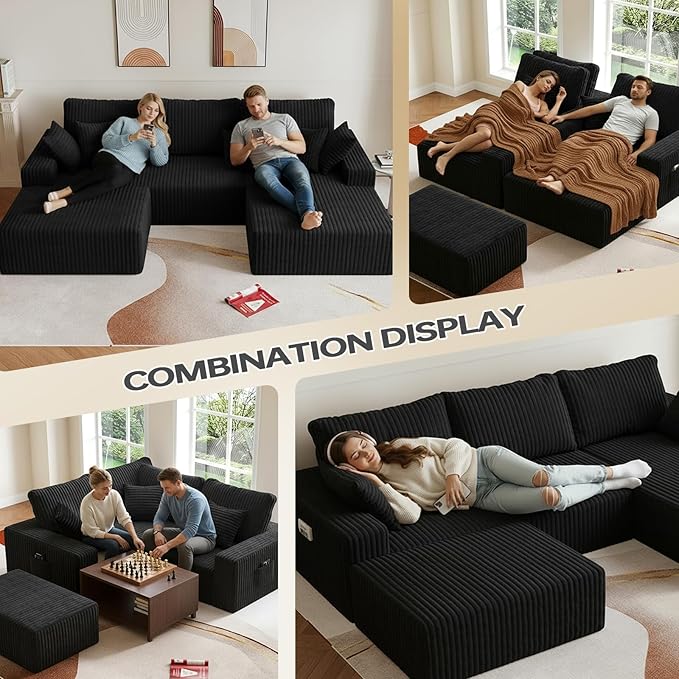 108" U Shaped Sectional Couch with Ottoman, Corduroy Modular Sectional Sofa with Deep Seat, Modern Modular L-Shape Sofa Couch with Chaise,Upholstered Boneless Couches for Living Room Bedroom