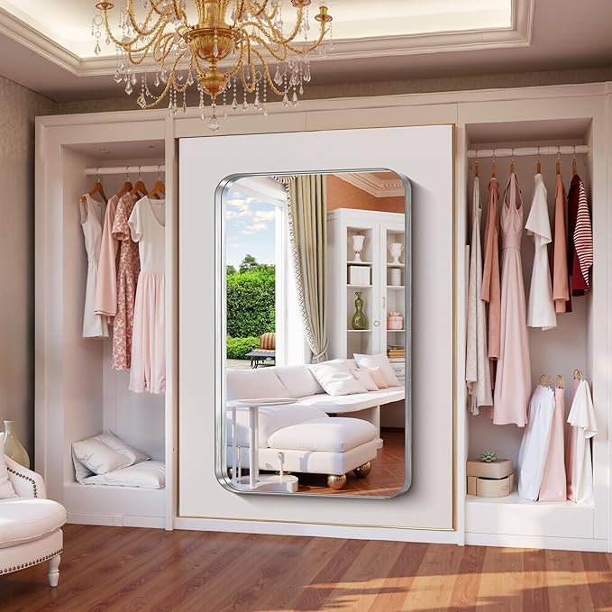 FORBATH 60x36 Inch Large Bathroom Mirror for Double Sinks, Brushed Silver Deep Frame Wall Mirror with Rounded Corners, Anti-Rust Tempered Glass for Modern Farmhouse Vanity (Horizontal/Vertical)