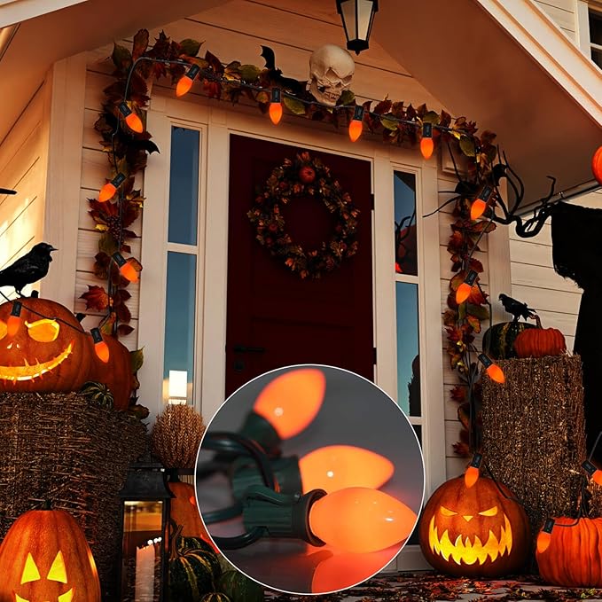 SUNSGNE C7 Halloween Orange String Lights 25FT Outdoor String Lights with 27 5W Orange Glass Bulbs(2 Spare) for Patio Garden Roofline Backyard Decorations, Black Wire